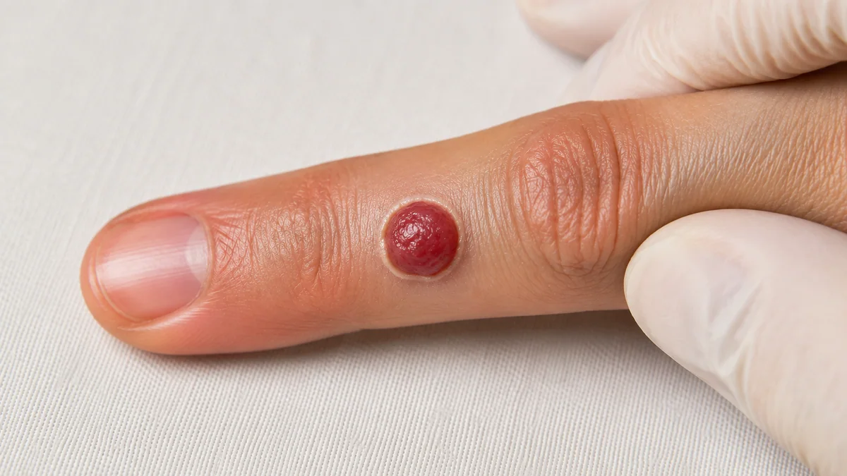 Ilustração de nódulo vascular avermelhado em um dedo, representando um possível granuloma piogênico.