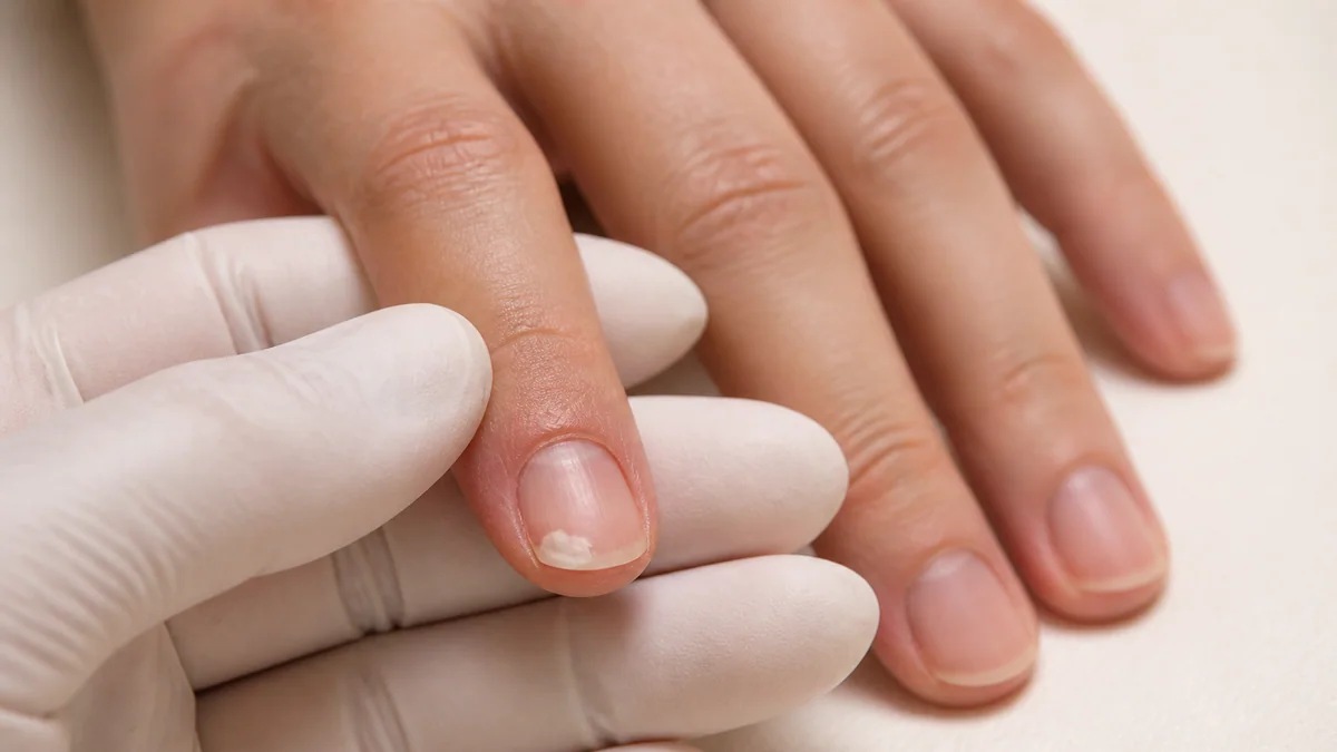 Ilustração de unha com área distal esbranquiçada e descolada, examinada por mãos com luvas.